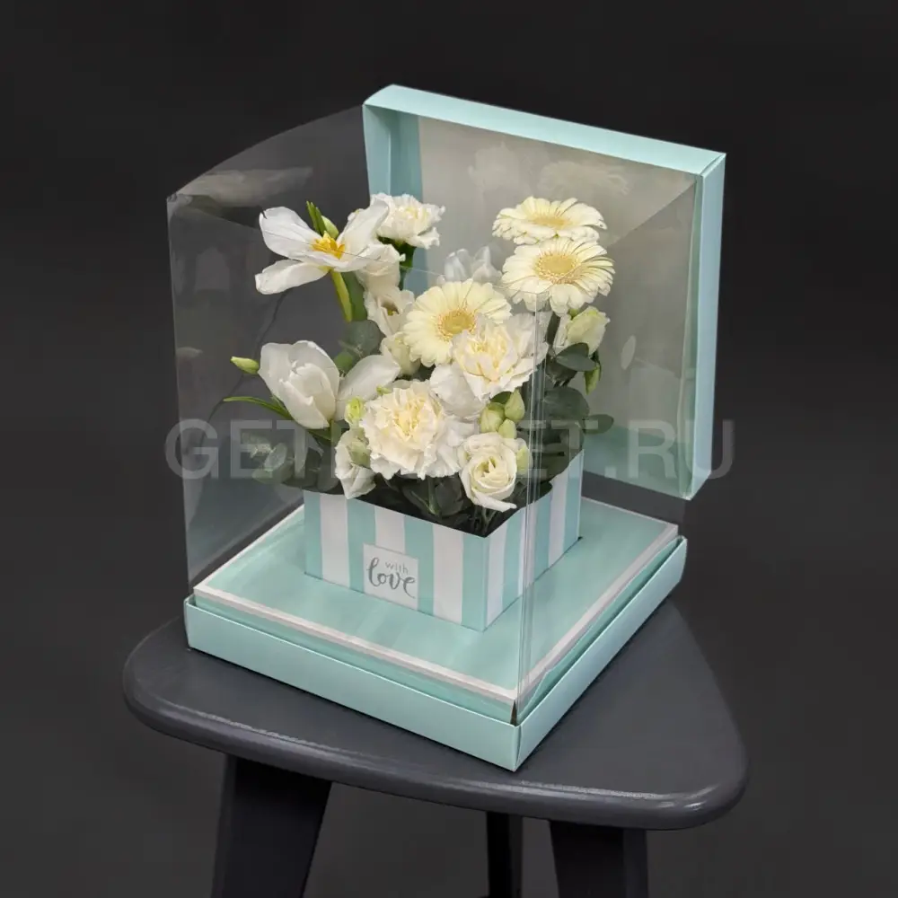 225175 Цветочная композиция с тюльпанами, эустомой и гвоздикой