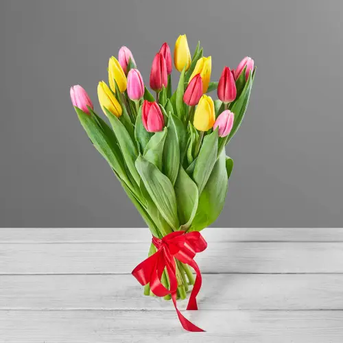 Букет из 15 ярко-цветных тюльпанов